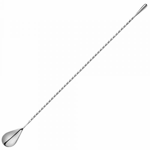 Shiny silver teardrop bar spoon, 40cm long, ideal for mixing cocktails in style and adding elegance to your barware collection.