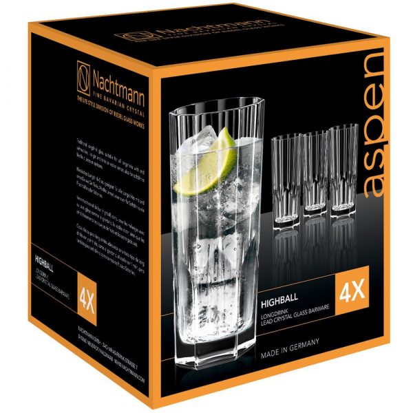 Set of 4 premium Nachtmann Aspen 30.9cl highball glasses for elegant cocktail experience.