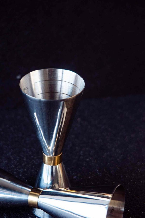 Modern and elegant 30/60 silver vase with a stylish gold strip design, perfect for adding a touch of luxury to your home decor