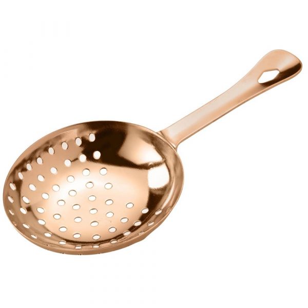 Copper plated Julep strainer for stylish bartending, ideal for filtering cocktails and drinks with elegance and precision.