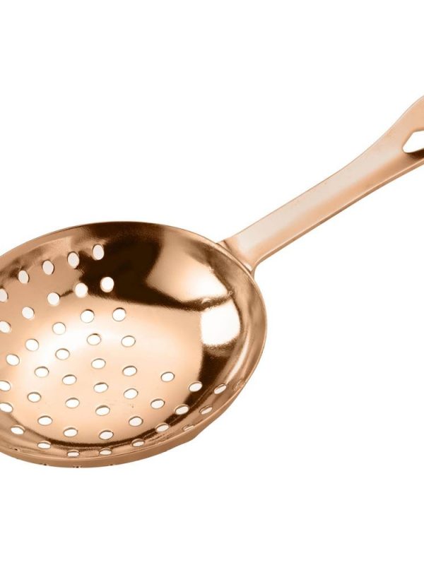 Copper plated Julep strainer for stylish bartending, ideal for filtering cocktails and drinks with elegance and precision.