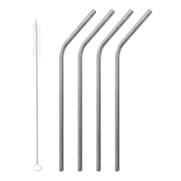 Set of 4 durable stainless steel curved straws with 20cm cleaning brush - eco-friendly reusable straws for beverages - product code 68020