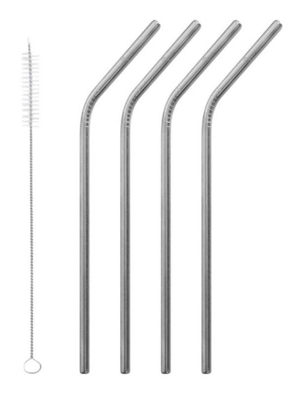Set of 4 durable stainless steel curved straws with 20cm cleaning brush - eco-friendly reusable straws for beverages - product code 68020