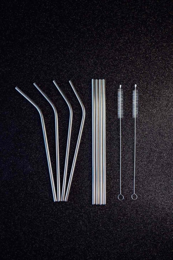 Reusable silver steel straws set, eco-friendly and stylish, perfect for cocktails and smoothies, reduce single-use plastics, durable and easy to clean.