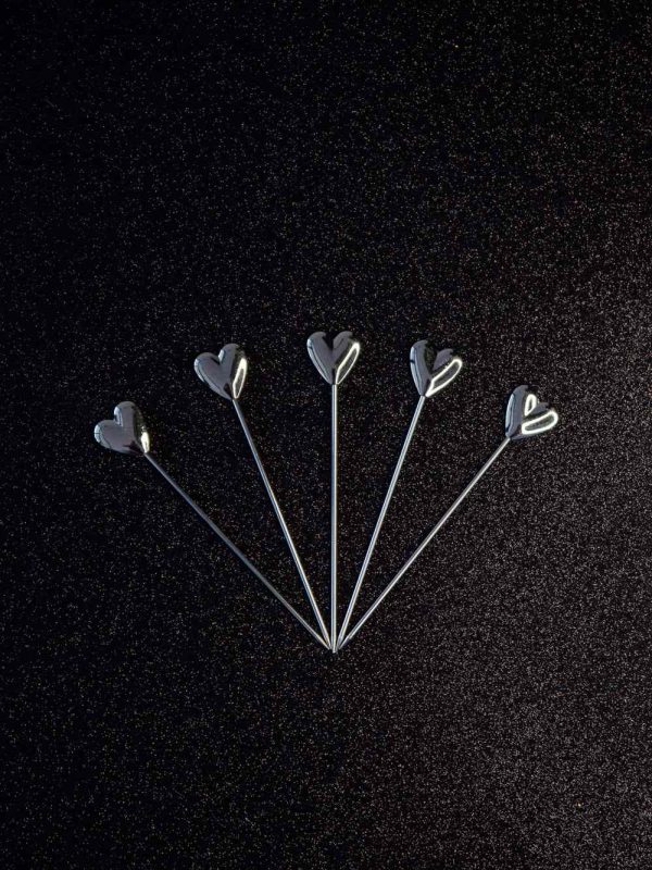 Shiny silver heart cocktail sticks for elegant parties and fancy gatherings, set of 12 exquisite pieces for your exquisite occasions.