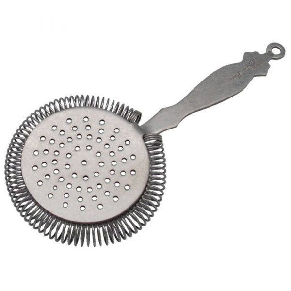 Vintage stainless steel bar strainer with sprung design for bartending, high-quality cocktail tool for home and professional use.
