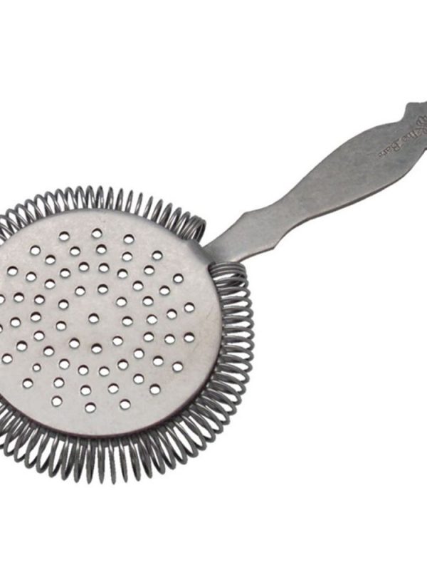 Vintage stainless steel bar strainer with sprung design for bartending, high-quality cocktail tool for home and professional use.