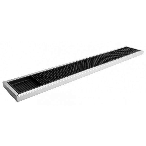 Enhance your bar setup with a 61cm rubber bar mat featuring a sleek stainless frame - durable and stylish addition for any cocktail enthusiast.