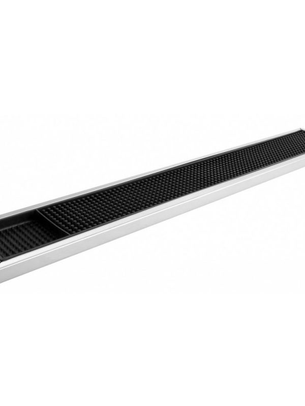 Enhance your bar setup with a 61cm rubber bar mat featuring a sleek stainless frame - durable and stylish addition for any cocktail enthusiast.