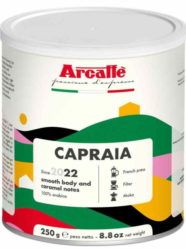 Enjoy the rich aroma and flavor of Arcaffe Capraia Ground Coffee Tin 250g - a premium blend for coffee lovers. Order now for a perfect brew!
