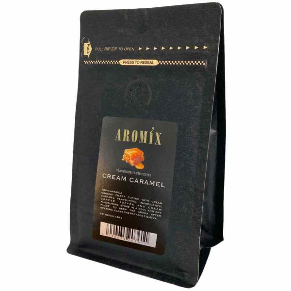 Indulge in the rich flavors of Aromix Creme Coffee Caramel in this 150g Ground blend - a delightful treat for coffee lovers!