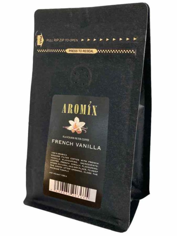 Indulge in the rich aroma of Aromax French Vanilla Coffee Aromix 150g Ground - a premium blend for coffee lovers.
