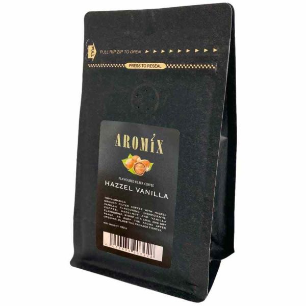 Indulge in the rich aroma and flavor of Aromix Hazzel Coffee Vanilla blend, 150g of finely ground goodness for your perfect cup of coffee!