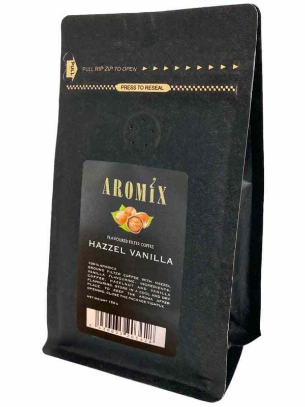 Indulge in the rich aroma and flavor of Aromix Hazzel Coffee Vanilla blend, 150g of finely ground goodness for your perfect cup of coffee!