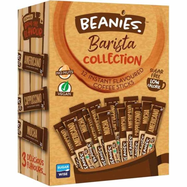 Indulge in Beanies Barista Collection - 12 Flavor Instant Coffee Sticks. Elevate your coffee experience with this premium assortment!
