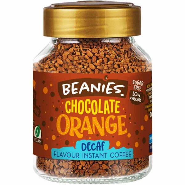 Indulge in the exquisite Beanies Decaffeinated Chocolate Instant Coffee Orange Flavor 50 g - a luscious blend of decaf coffee and orange essence.