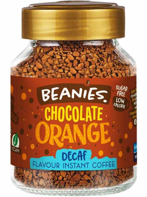 Indulge in the exquisite Beanies Decaffeinated Chocolate Instant Coffee Orange Flavor 50 g - a luscious blend of decaf coffee and orange essence.