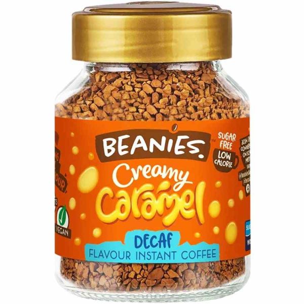 Indulge in Beanies Decaffeinated Creamy Instant Coffee Caramel Flavor 50g - a luxurious coffee experience without the caffeine. Buy now!