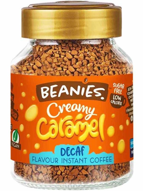 Indulge in Beanies Decaffeinated Creamy Instant Coffee Caramel Flavor 50g - a luxurious coffee experience without the caffeine. Buy now!