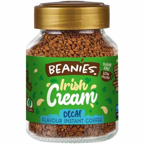 Indulge in Beanies Decaffeinated Instant Coffee with Irish Cream 50g - A rich, creamy delight in every sip. Perfect for coffee lovers.