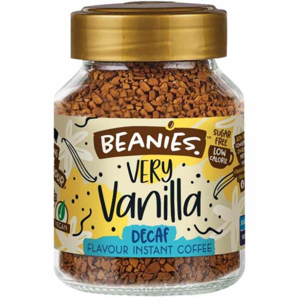 Indulge in the rich flavor of Beanies Decaffeinated Instant Coffee Very Vanilla 50g - a delicious and aromatic blend for coffee lovers.
