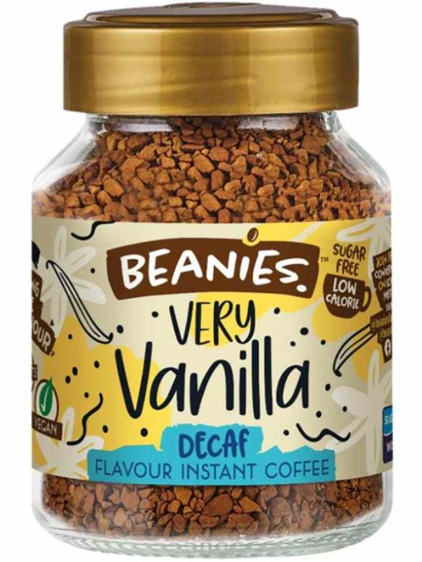 Indulge in the rich flavor of Beanies Decaffeinated Instant Coffee Very Vanilla 50g - a delicious and aromatic blend for coffee lovers.