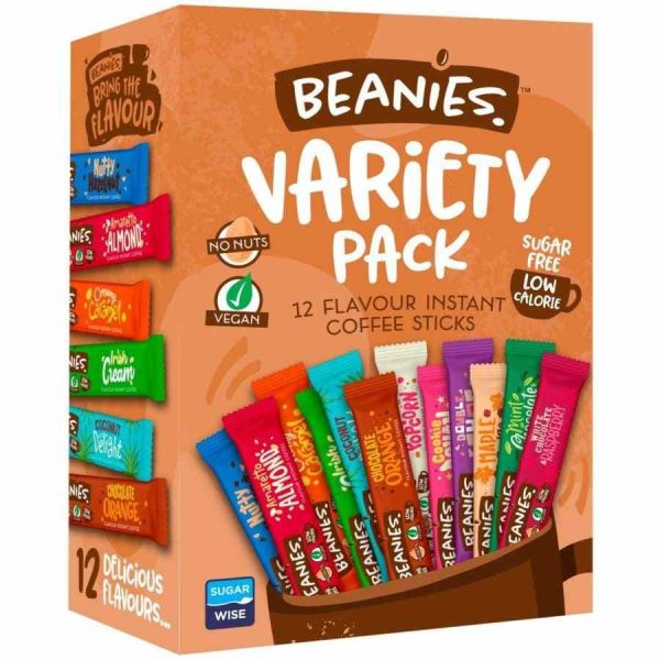Delightful Beanies Variety Pack: 12 Flavored Instant Coffee Sticks, Perfect for On-the-Go Enjoyment. Premium quality coffee assortment.