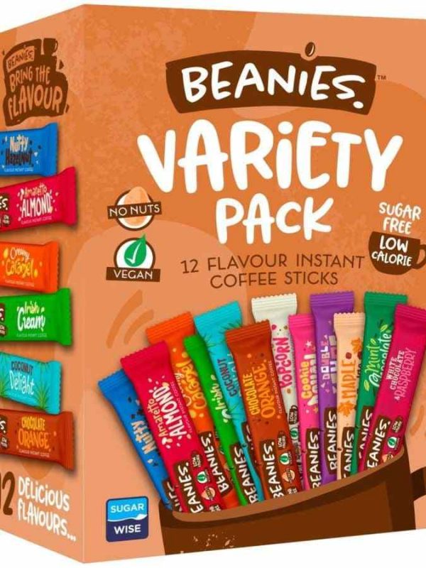 Delightful Beanies Variety Pack: 12 Flavored Instant Coffee Sticks, Perfect for On-the-Go Enjoyment. Premium quality coffee assortment.