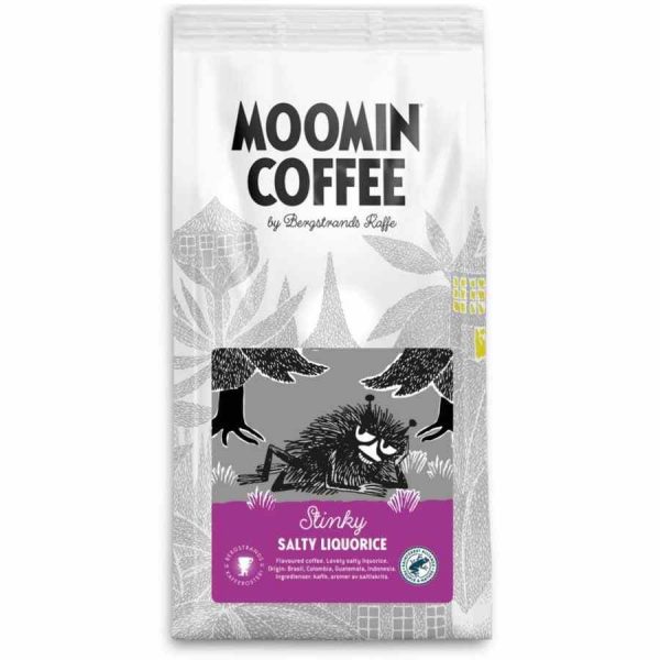 Indulge in Bergstrands Moomin Stinky Salty Licorice Coffee Flavor 250 g Ground - a delightful blend of licorice and coffee in a 250g pack. Perfect for coffee enthusiasts!