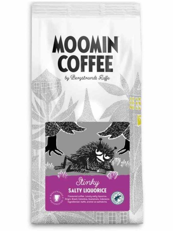 Indulge in Bergstrands Moomin Stinky Salty Licorice Coffee Flavor 250 g Ground - a delightful blend of licorice and coffee in a 250g pack. Perfect for coffee enthusiasts!