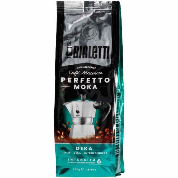 Indulge in the rich flavor of Bialetti Perfetto Moka Deka Decaffeinated Ground Coffee 250g, a premium decaf blend for your perfect cup of coffee.