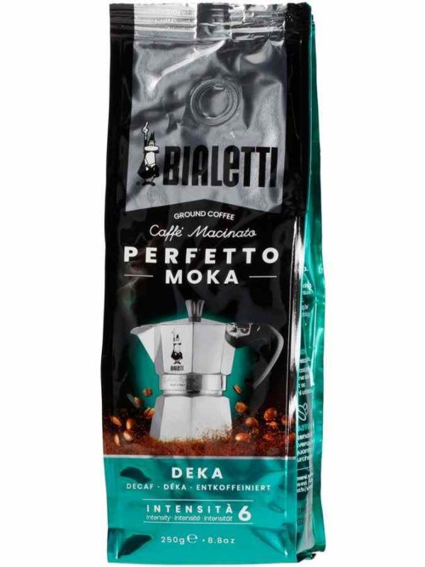 Indulge in the rich flavor of Bialetti Perfetto Moka Deka Decaffeinated Ground Coffee 250g, a premium decaf blend for your perfect cup of coffee.