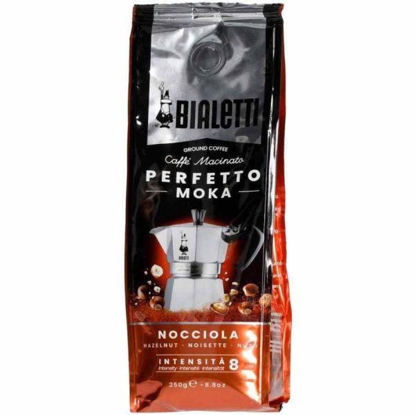 Indulge in the rich aroma of Bialetti Perfetto Moka Hazelnut Ground Coffee 250g for a delightful coffee experience at home.