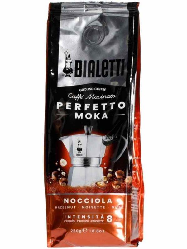 Indulge in the rich aroma of Bialetti Perfetto Moka Hazelnut Ground Coffee 250g for a delightful coffee experience at home.