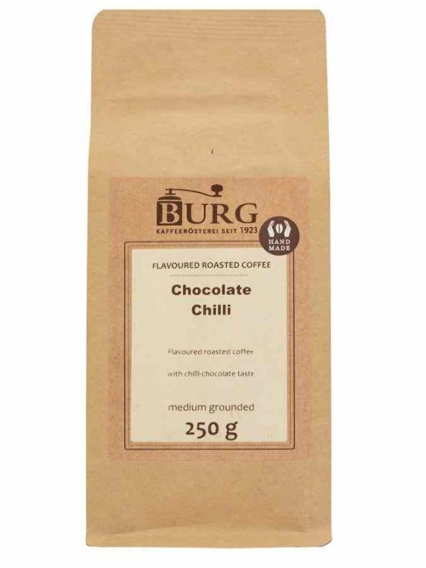 Indulge in Burg Flavor Coffee's Chili Chocolate blend, 250g of rich and aromatic ground coffee - a captivating sensory experience.
