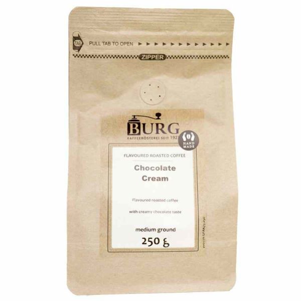 Indulge in Burg Flavor Coffee, Chocolate Creme 250 g Ground - the perfect blend of rich coffee and velvety chocolate notes. Order now!