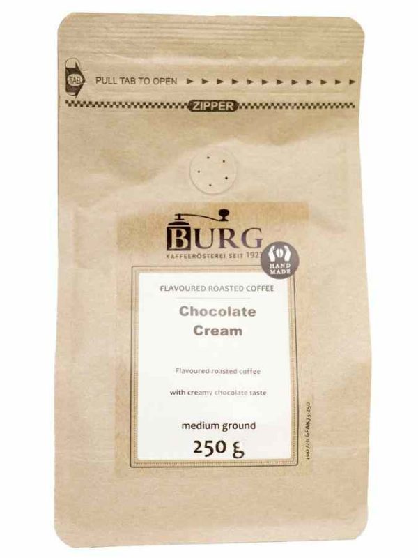 Indulge in Burg Flavor Coffee, Chocolate Creme 250 g Ground - the perfect blend of rich coffee and velvety chocolate notes. Order now!
