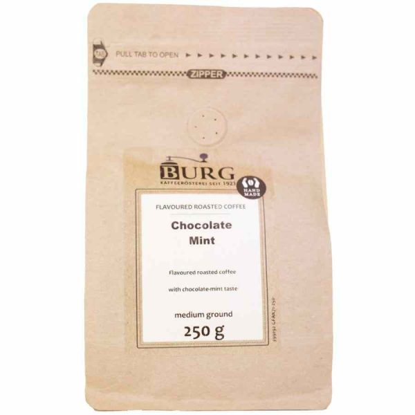 Indulge in the exquisite Burg Flavor Coffee Mint Chocolate blend - 250g of finely ground perfection. Enjoy a memorable coffee experience.