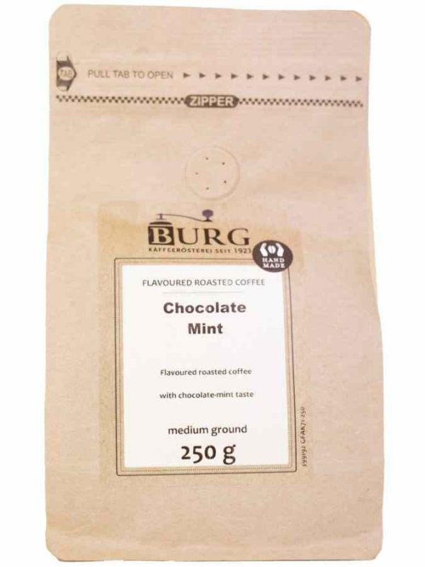 Indulge in the exquisite Burg Flavor Coffee Mint Chocolate blend - 250g of finely ground perfection. Enjoy a memorable coffee experience.