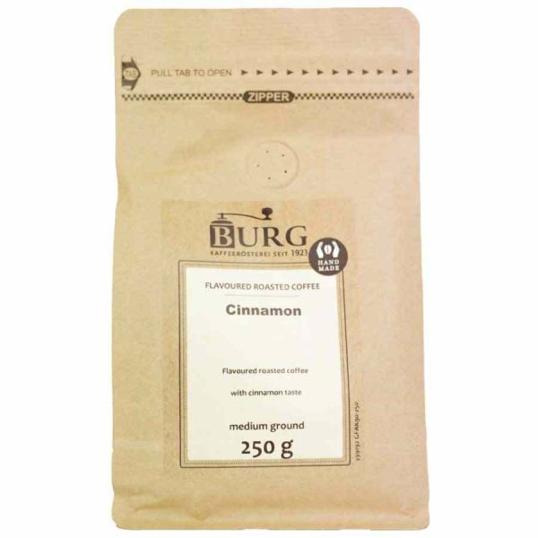 Delight your taste buds with Burg Flavor Coffee, Cinnamon 250g Ground - a gourmet blend of rich coffee with a hint of aromatic cinnamon spice.