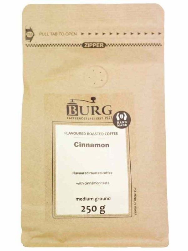 Delight your taste buds with Burg Flavor Coffee, Cinnamon 250g Ground - a gourmet blend of rich coffee with a hint of aromatic cinnamon spice.
