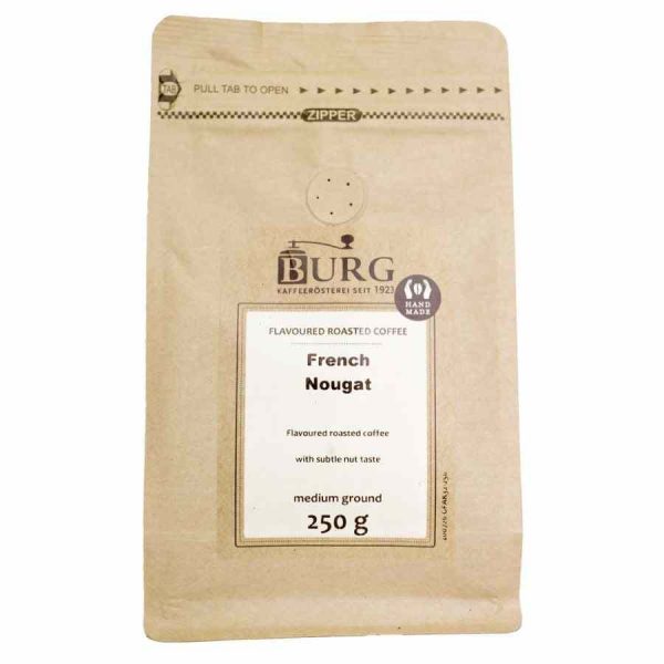 Indulge in the rich aroma of Burg Flavor Coffee French Nougat blend. 250 g Ground coffee to elevate your mornings.