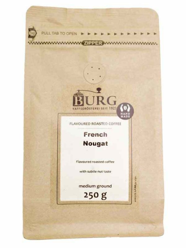 Indulge in the rich aroma of Burg Flavor Coffee French Nougat blend. 250 g Ground coffee to elevate your mornings.