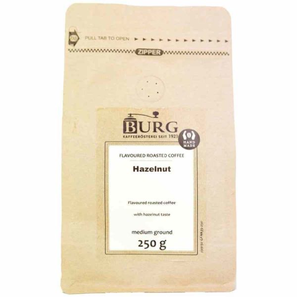 Indulge in the rich aroma of Burg Flavor Hazelnut Coffee 250g Ground - a premium selection for your coffee cravings!