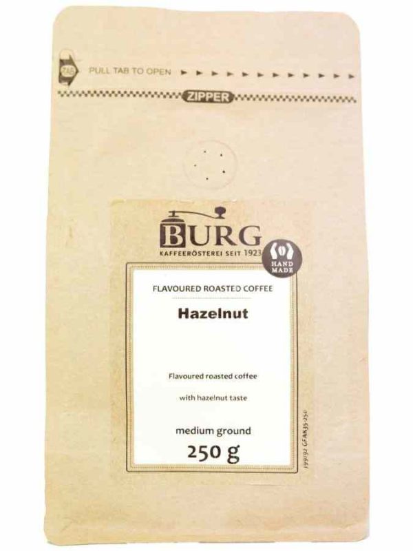 Indulge in the rich aroma of Burg Flavor Hazelnut Coffee 250g Ground - a premium selection for your coffee cravings!