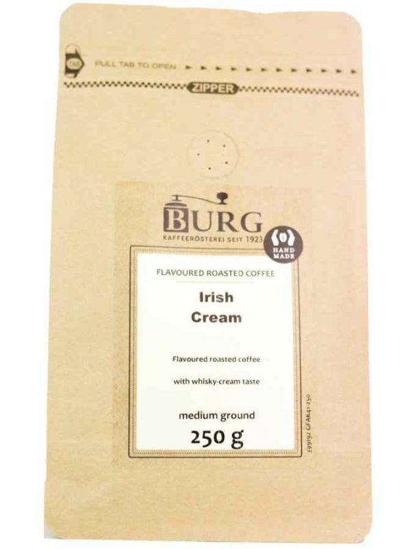 Delight your taste buds with Burg Flavor Coffee, Irish Cream 250g Ground - a rich and indulgent blend to elevate your coffee experience!