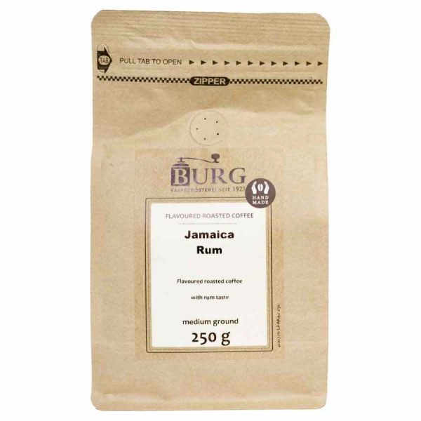 Indulge in the rich flavors of Burg Flavor Coffee, Rum Jamaica 250 g Ground - a premium blend for a truly luxurious coffee experience.