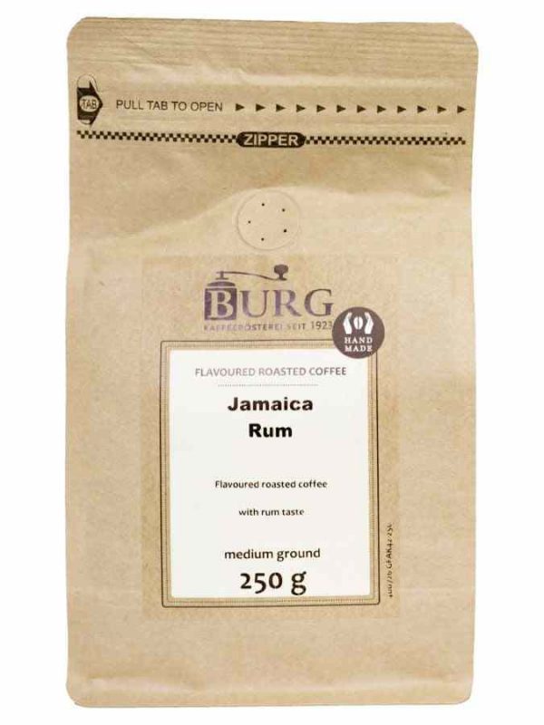 Indulge in the rich flavors of Burg Flavor Coffee, Rum Jamaica 250 g Ground - a premium blend for a truly luxurious coffee experience.