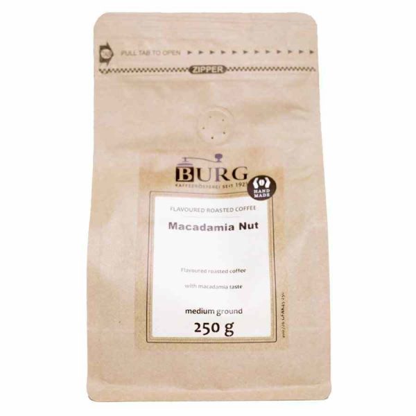 Indulge in Burg Flavor Coffee, Macadamia Nut 250 g Ground - Savor the creamy richness of macadamia in every brew! Perfect for coffee lovers.