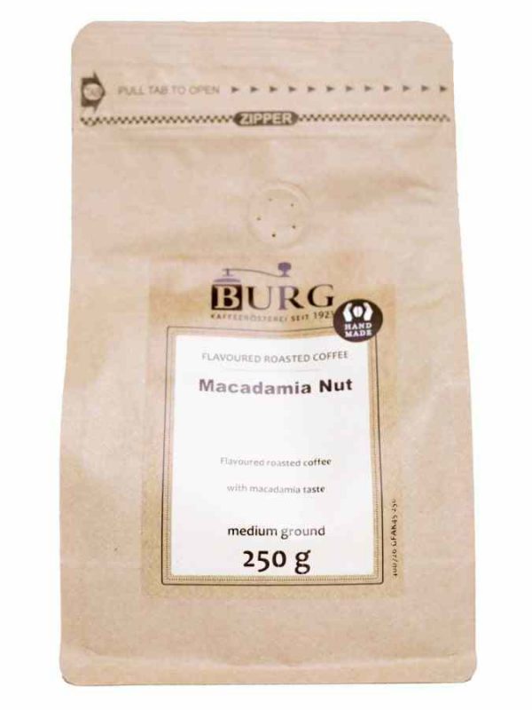 Indulge in Burg Flavor Coffee, Macadamia Nut 250 g Ground - Savor the creamy richness of macadamia in every brew! Perfect for coffee lovers.